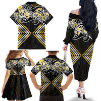 Gold Aotearoa Tukutuku Manawa Tapu Family Matching Off The Shoulder Long Sleeve Dress and Hawaiian Shirt Ta Moko Toi Maori LT9 - Polynesian Pride