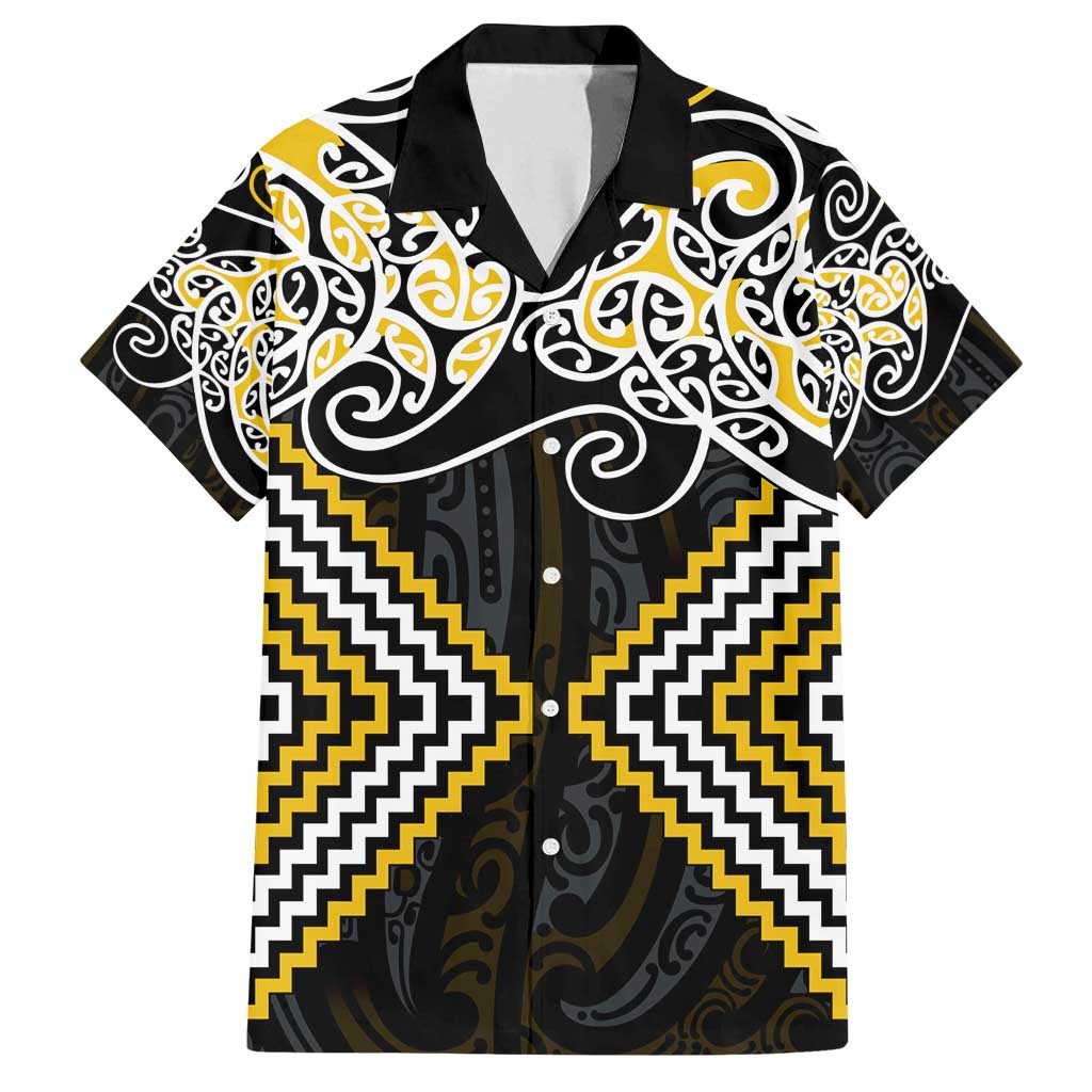 Gold Aotearoa Tukutuku Manawa Tapu Family Matching Off Shoulder Maxi Dress and Hawaiian Shirt Ta Moko Toi Maori LT9 Dad's Shirt - Short Sleeve Gold - Polynesian Pride