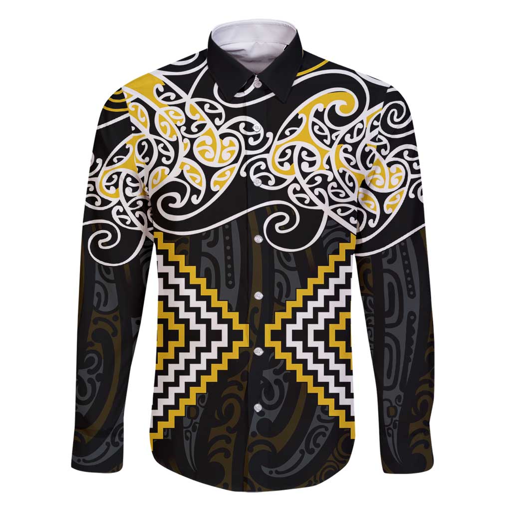 Gold Aotearoa Tukutuku Manawa Tapu Family Matching Off Shoulder Maxi Dress and Hawaiian Shirt Ta Moko Toi Maori LT9 Dad's Shirt - Long Sleeve Gold - Polynesian Pride