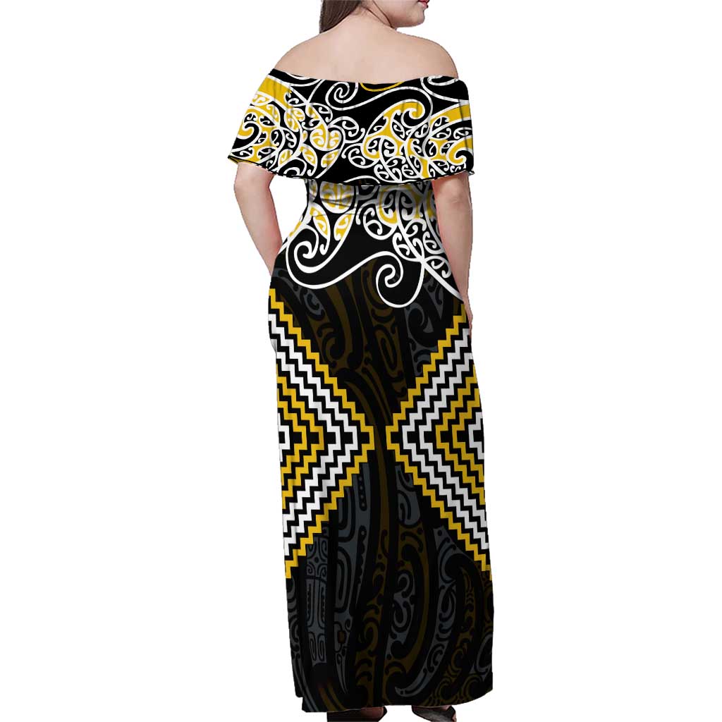 Gold Aotearoa Tukutuku Manawa Tapu Family Matching Off Shoulder Maxi Dress and Hawaiian Shirt Ta Moko Toi Maori LT9 - Polynesian Pride