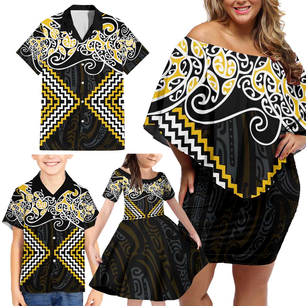 Gold Aotearoa Tukutuku Manawa Tapu Family Matching Off Shoulder Short Dress and Hawaiian Shirt Ta Moko Toi Maori LT9 - Polynesian Pride