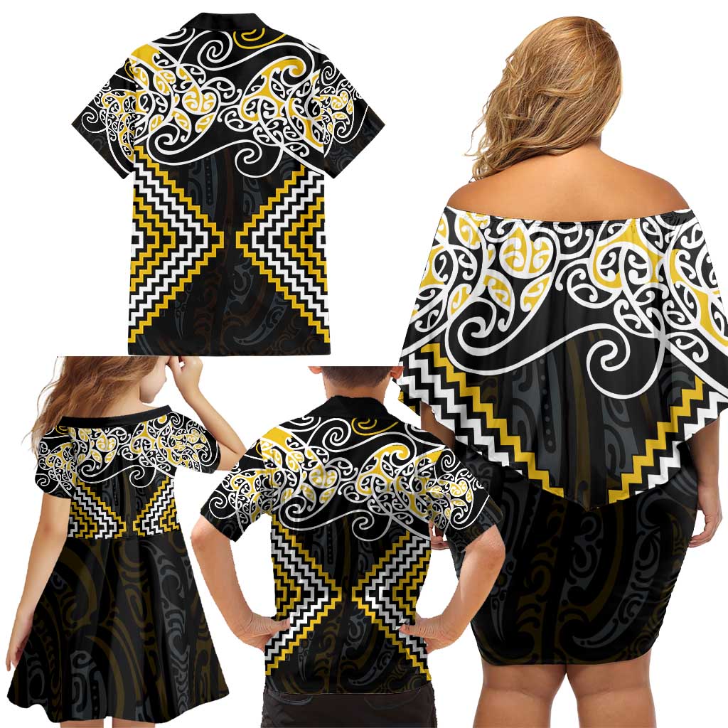 Gold Aotearoa Tukutuku Manawa Tapu Family Matching Off Shoulder Short Dress and Hawaiian Shirt Ta Moko Toi Maori LT9 - Polynesian Pride