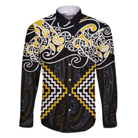 Gold Aotearoa Tukutuku Manawa Tapu Family Matching Off Shoulder Short Dress and Hawaiian Shirt Ta Moko Toi Maori LT9 Dad's Shirt - Long Sleeve Gold - Polynesian Pride
