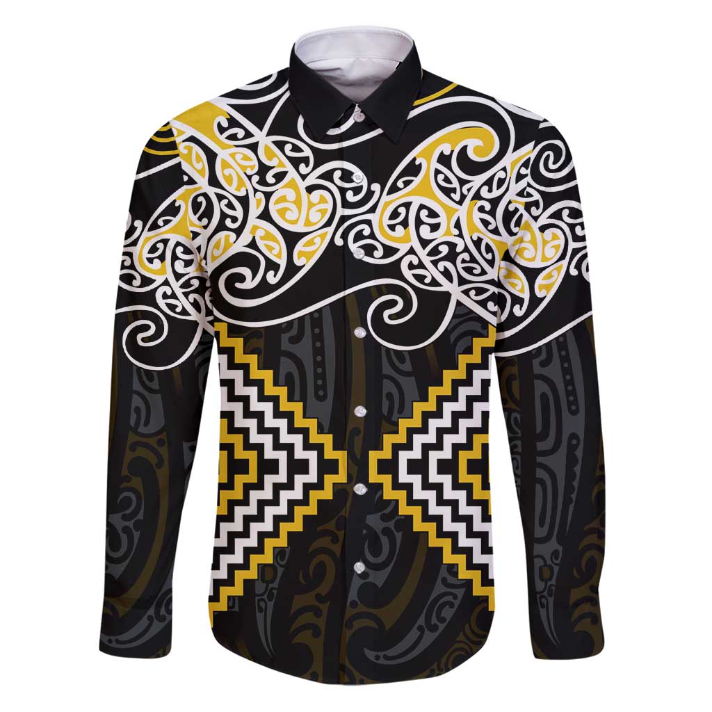 Gold Aotearoa Tukutuku Manawa Tapu Family Matching Puletasi and Hawaiian Shirt Ta Moko Toi Maori LT9 Dad's Shirt - Long Sleeve Gold - Polynesian Pride