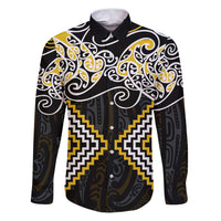 Gold Aotearoa Tukutuku Manawa Tapu Family Matching Puletasi and Hawaiian Shirt Ta Moko Toi Maori LT9 Dad's Shirt - Long Sleeve Gold - Polynesian Pride
