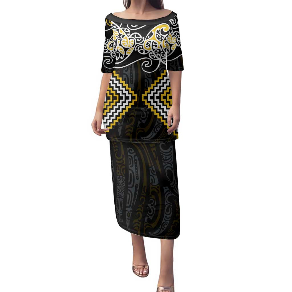 Gold Aotearoa Tukutuku Manawa Tapu Family Matching Puletasi and Hawaiian Shirt Ta Moko Toi Maori LT9 Mom's Dress Gold - Polynesian Pride