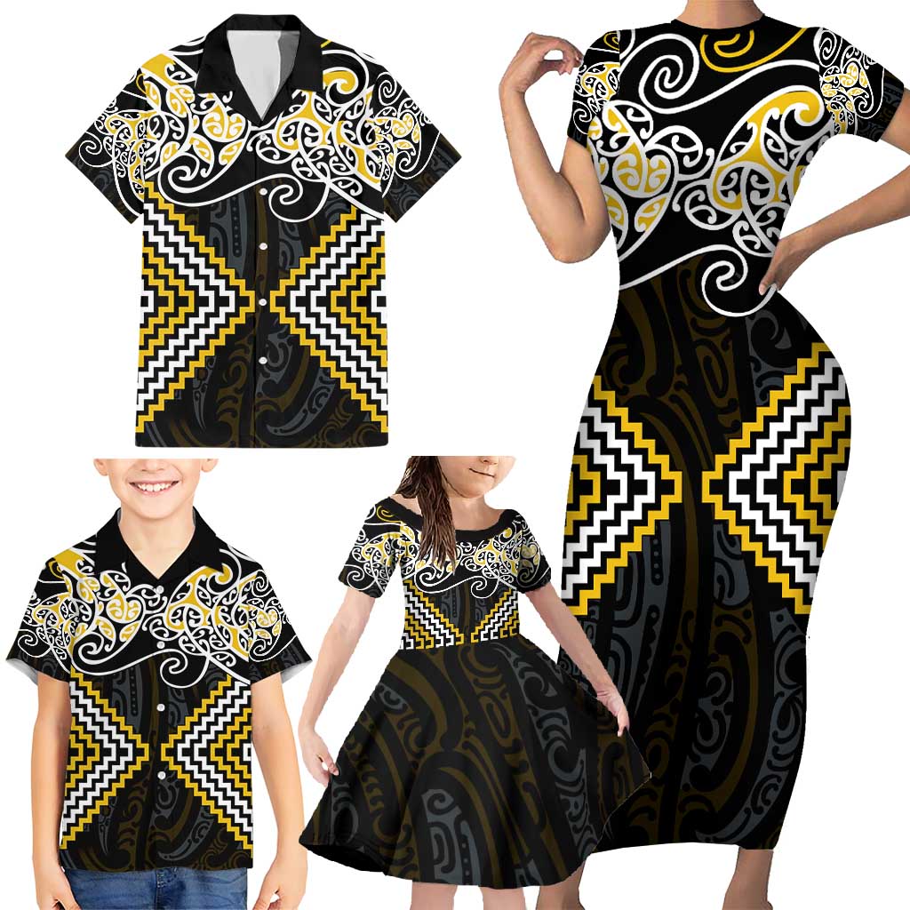 Gold Aotearoa Tukutuku Manawa Tapu Family Matching Short Sleeve Bodycon Dress and Hawaiian Shirt Ta Moko Toi Maori LT9 - Polynesian Pride