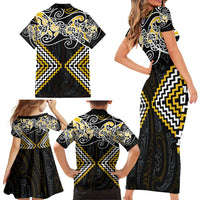 Gold Aotearoa Tukutuku Manawa Tapu Family Matching Short Sleeve Bodycon Dress and Hawaiian Shirt Ta Moko Toi Maori LT9 - Polynesian Pride