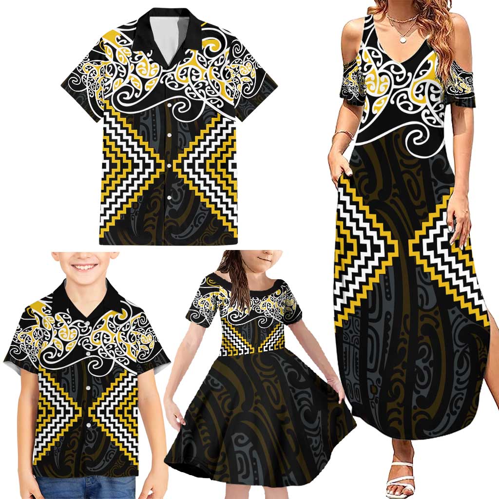 Gold Aotearoa Tukutuku Manawa Tapu Family Matching Summer Maxi Dress and Hawaiian Shirt Ta Moko Toi Maori LT9 - Polynesian Pride