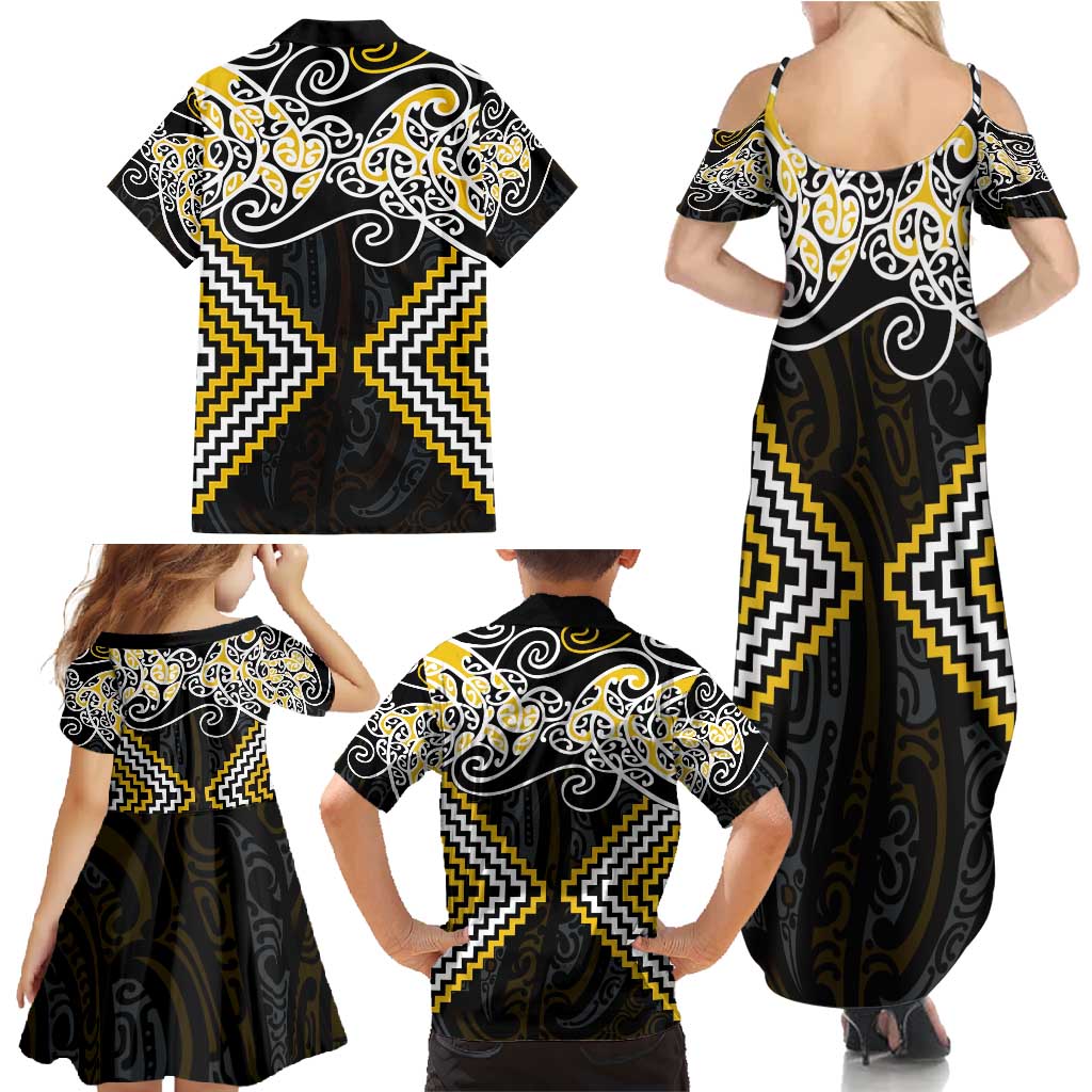 Gold Aotearoa Tukutuku Manawa Tapu Family Matching Summer Maxi Dress and Hawaiian Shirt Ta Moko Toi Maori LT9 - Polynesian Pride