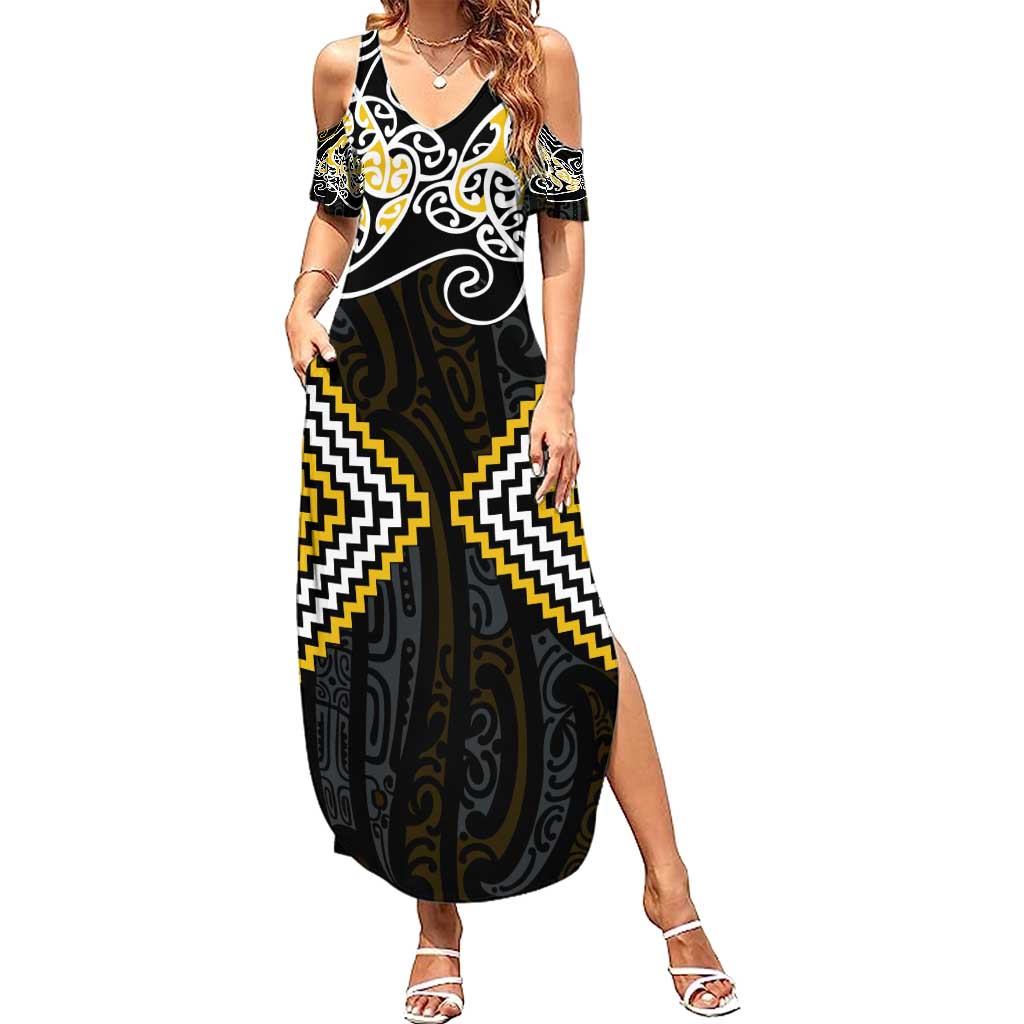 Gold Aotearoa Tukutuku Manawa Tapu Family Matching Summer Maxi Dress and Hawaiian Shirt Ta Moko Toi Maori LT9 Mom's Dress Gold - Polynesian Pride