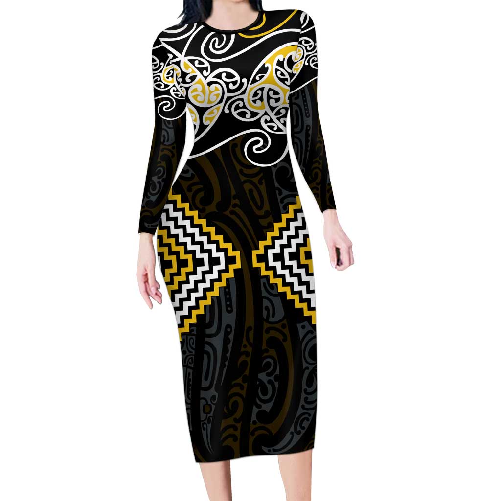 Gold Aotearoa Tukutuku Manawa Tapu Long Sleeve Bodycon Dress Ta Moko Toi Maori LT9 Long Dress Gold - Polynesian Pride