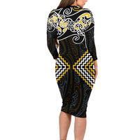 Gold Aotearoa Tukutuku Manawa Tapu Long Sleeve Bodycon Dress Ta Moko Toi Maori LT9 - Polynesian Pride