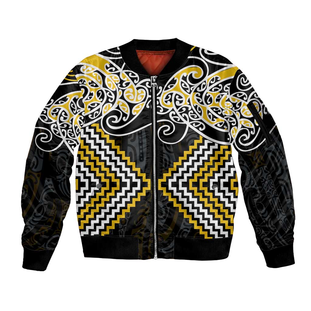 Gold Aotearoa Tukutuku Manawa Tapu Sleeve Zip Bomber Jacket Ta Moko Toi Maori LT9 Unisex Gold - Polynesian Pride