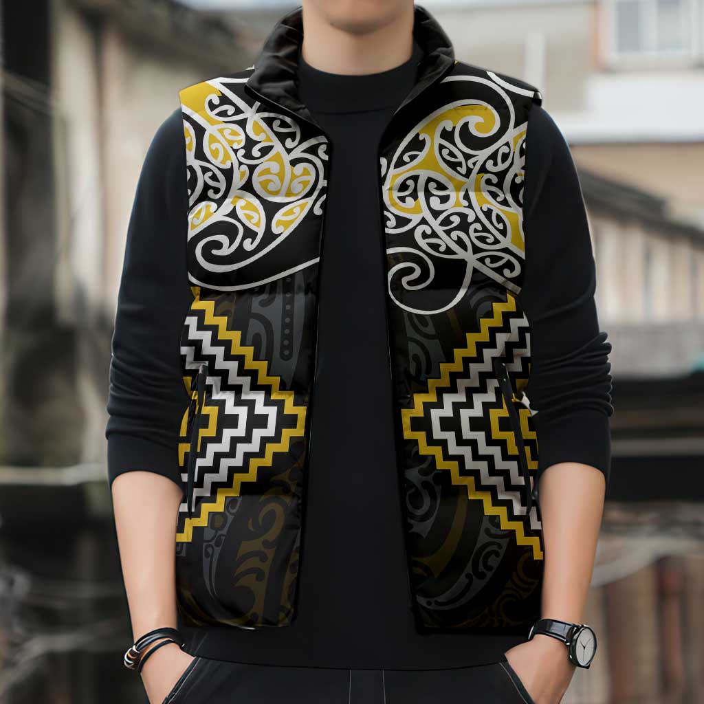 Gold Aotearoa Tukutuku Manawa Tapu Sleeveless Puffer Jacket Ta Moko Toi Maori - Polynesian Pride