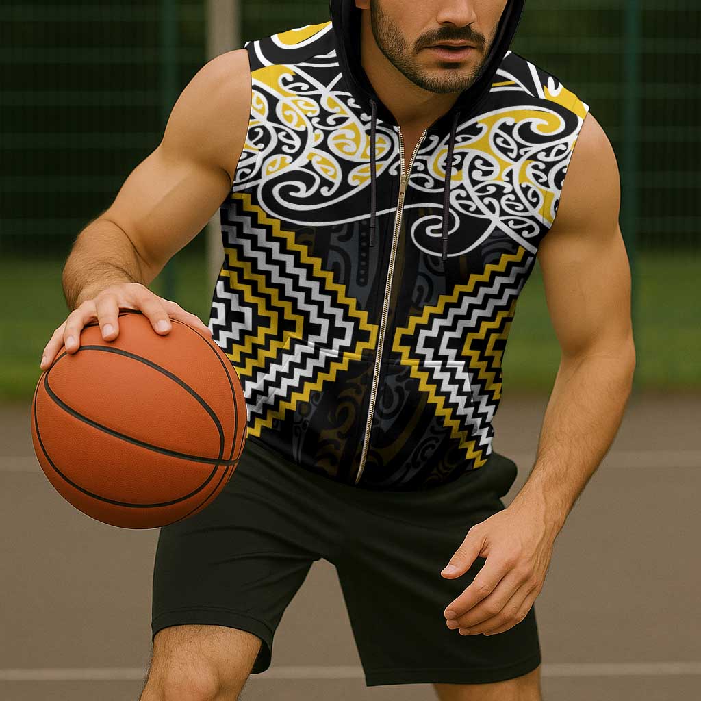 Gold Aotearoa Tukutuku Manawa Tapu Sleeveless Zip Hoodie Ta Moko Toi Maori - Polynesian Pride