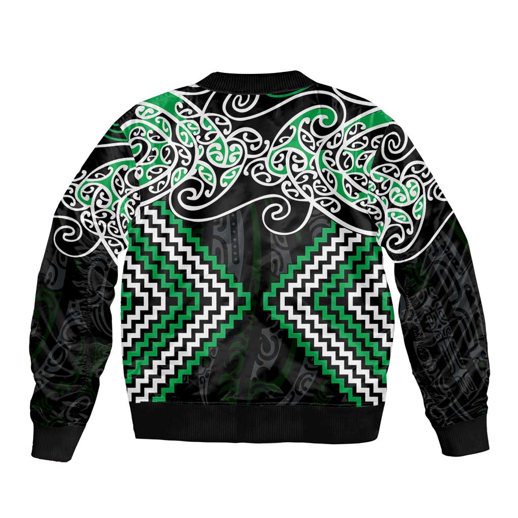 Green Aotearoa Tukutuku Manawa Tapu Bomber Jacket Ta Moko Toi Maori LT9 - Polynesian Pride