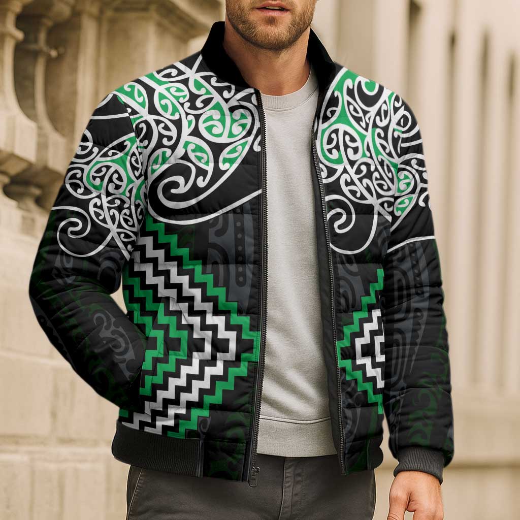 Green Aotearoa Tukutuku Manawa Tapu Bomber Puffer Jacket Ta Moko Toi Maori - Polynesian Pride