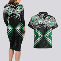 Green Aotearoa Tukutuku Manawa Tapu Couples Matching Long Sleeve Bodycon Dress and Hawaiian Shirt Ta Moko Toi Maori LT9 - Polynesian Pride