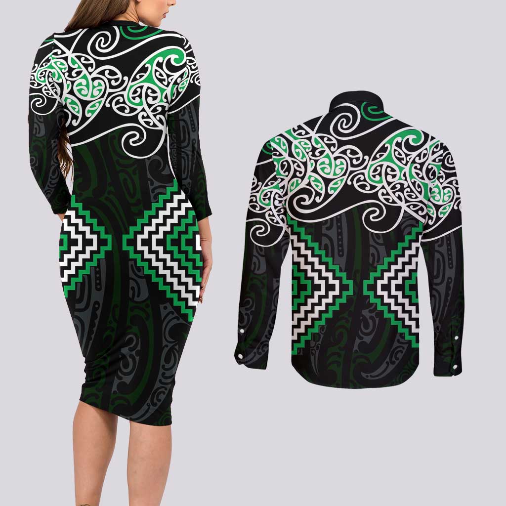 Green Aotearoa Tukutuku Manawa Tapu Couples Matching Long Sleeve Bodycon Dress and Long Sleeve Button Shirt Ta Moko Toi Maori LT9 - Polynesian Pride