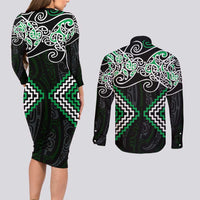 Green Aotearoa Tukutuku Manawa Tapu Couples Matching Long Sleeve Bodycon Dress and Long Sleeve Button Shirt Ta Moko Toi Maori LT9 - Polynesian Pride