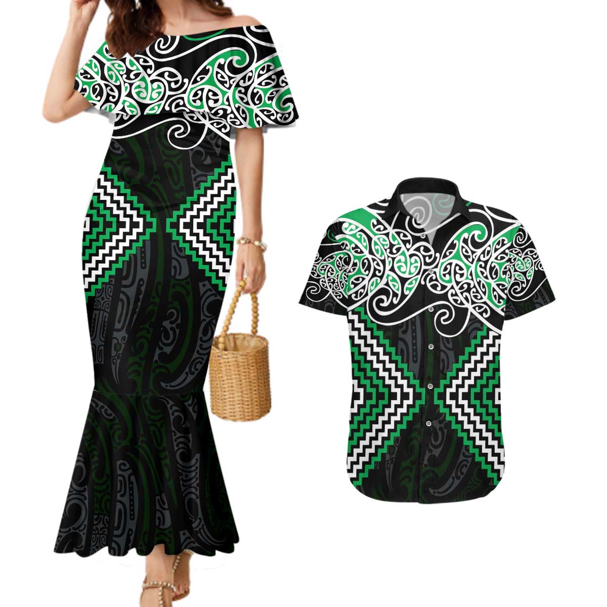 Green Aotearoa Tukutuku Manawa Tapu Couples Matching Mermaid Dress and Hawaiian Shirt Ta Moko Toi Maori LT9 Green - Polynesian Pride