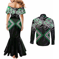 Green Aotearoa Tukutuku Manawa Tapu Couples Matching Mermaid Dress and Long Sleeve Button Shirt Ta Moko Toi Maori LT9 - Polynesian Pride