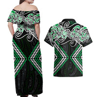 Green Aotearoa Tukutuku Manawa Tapu Couples Matching Off Shoulder Maxi Dress and Hawaiian Shirt Ta Moko Toi Maori LT9 - Polynesian Pride