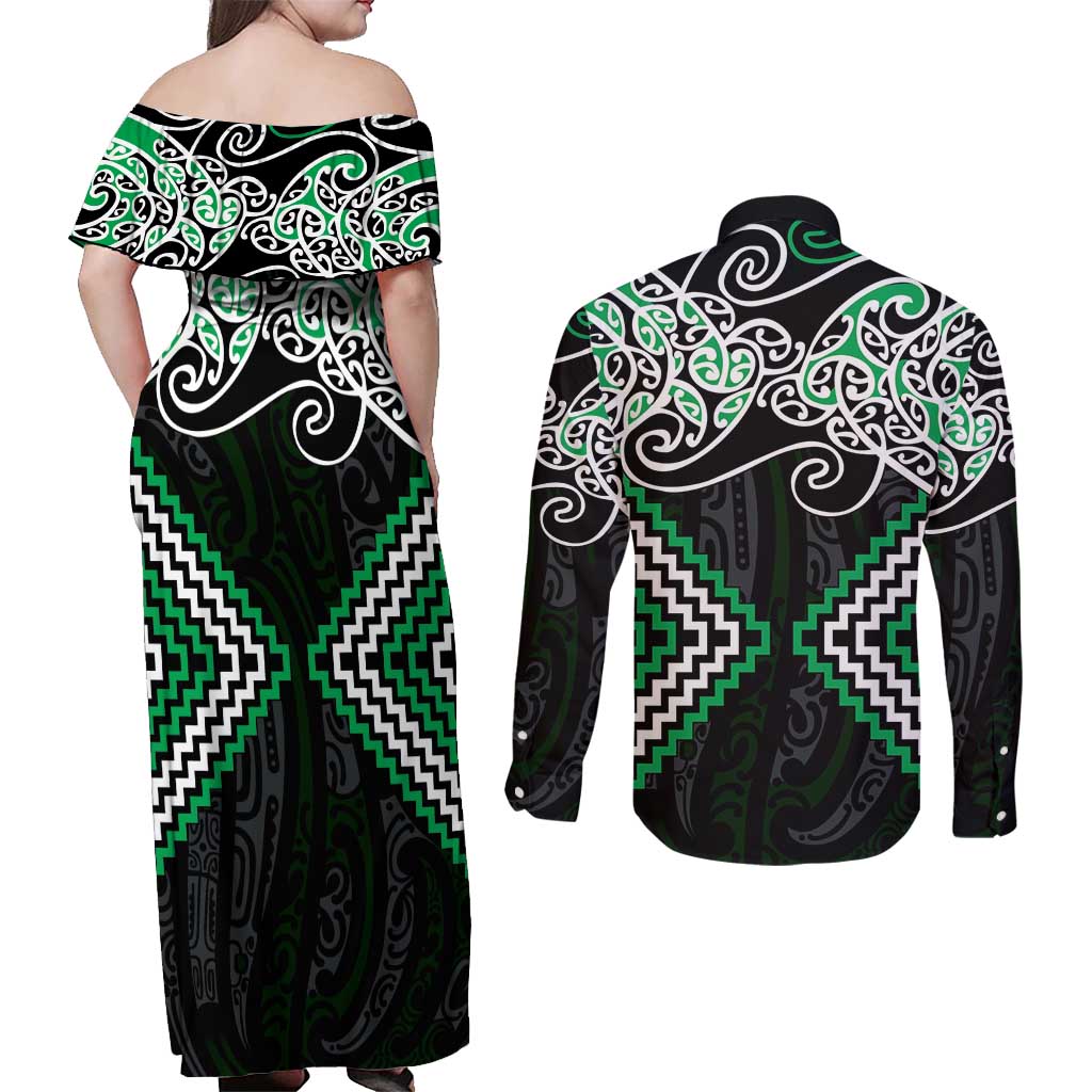 Green Aotearoa Tukutuku Manawa Tapu Couples Matching Off Shoulder Maxi Dress and Long Sleeve Button Shirt Ta Moko Toi Maori LT9 - Polynesian Pride
