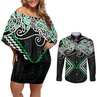 Green Aotearoa Tukutuku Manawa Tapu Couples Matching Off Shoulder Short Dress and Long Sleeve Button Shirt Ta Moko Toi Maori LT9 Green - Polynesian Pride