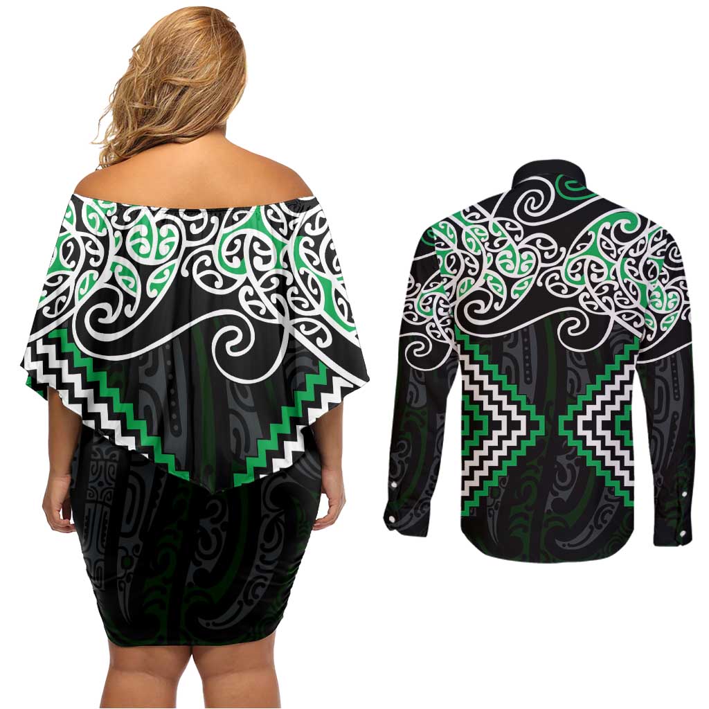 Green Aotearoa Tukutuku Manawa Tapu Couples Matching Off Shoulder Short Dress and Long Sleeve Button Shirt Ta Moko Toi Maori LT9 - Polynesian Pride