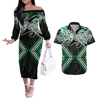 Green Aotearoa Tukutuku Manawa Tapu Couples Matching Off The Shoulder Long Sleeve Dress and Hawaiian Shirt Ta Moko Toi Maori LT9 Green - Polynesian Pride