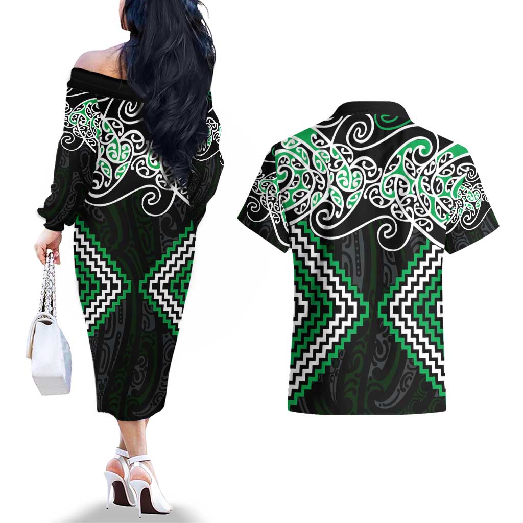 Green Aotearoa Tukutuku Manawa Tapu Couples Matching Off The Shoulder Long Sleeve Dress and Hawaiian Shirt Ta Moko Toi Maori LT9 - Polynesian Pride