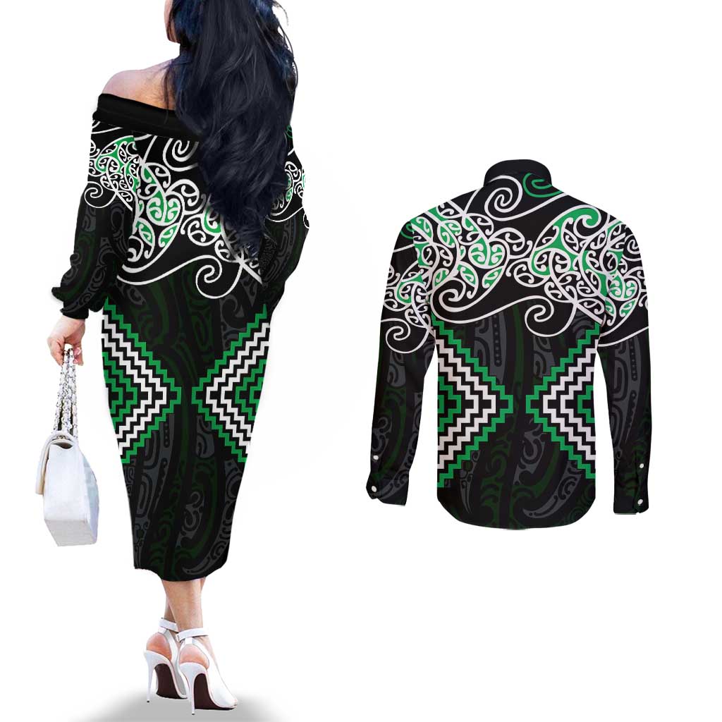 Green Aotearoa Tukutuku Manawa Tapu Couples Matching Off The Shoulder Long Sleeve Dress and Long Sleeve Button Shirt Ta Moko Toi Maori LT9 - Polynesian Pride