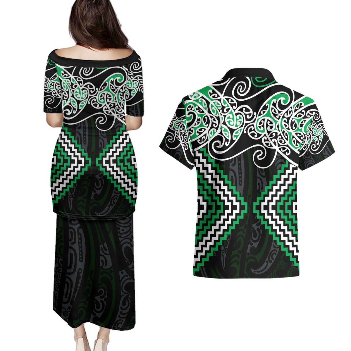 Green Aotearoa Tukutuku Manawa Tapu Couples Matching Puletasi and Hawaiian Shirt Ta Moko Toi Maori LT9 - Polynesian Pride