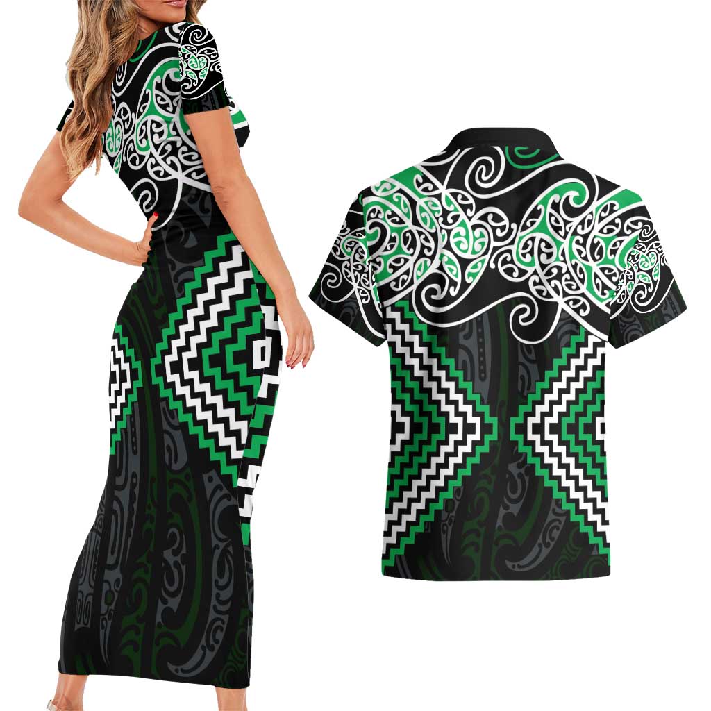 Green Aotearoa Tukutuku Manawa Tapu Couples Matching Short Sleeve Bodycon Dress and Hawaiian Shirt Ta Moko Toi Maori LT9 - Polynesian Pride