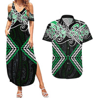 Green Aotearoa Tukutuku Manawa Tapu Couples Matching Summer Maxi Dress and Hawaiian Shirt Ta Moko Toi Maori LT9 Green - Polynesian Pride