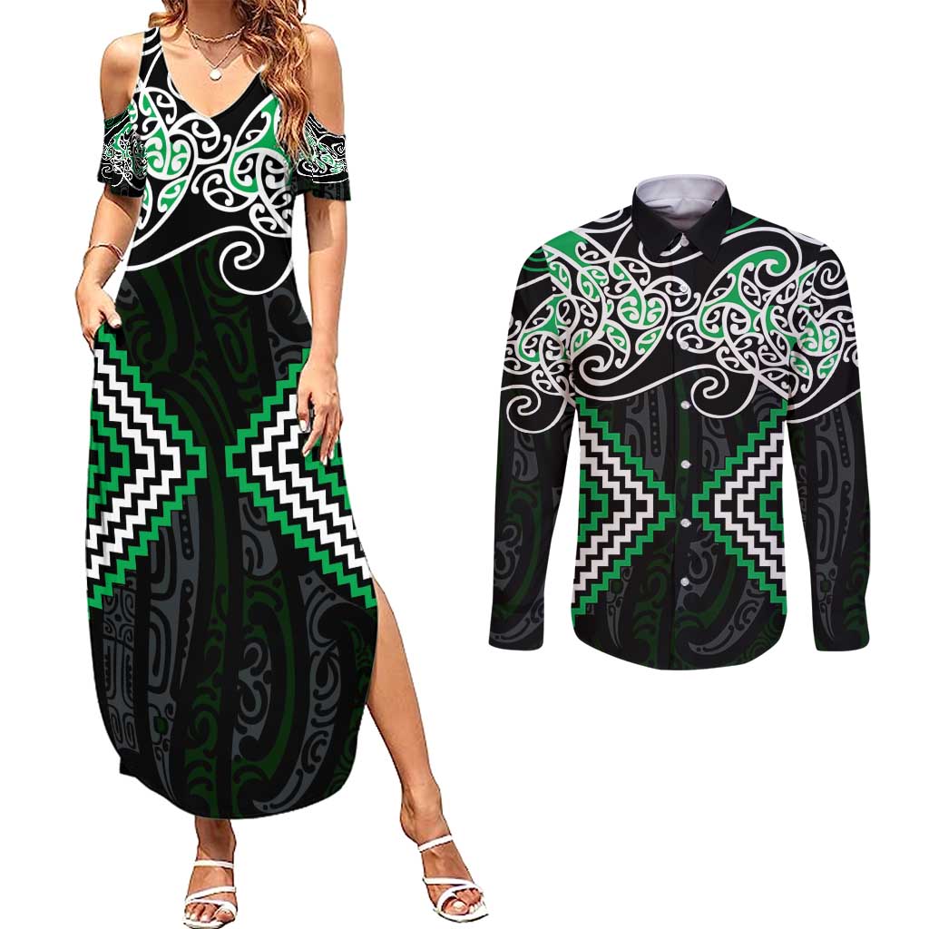 Green Aotearoa Tukutuku Manawa Tapu Couples Matching Summer Maxi Dress and Long Sleeve Button Shirt Ta Moko Toi Maori LT9 Green - Polynesian Pride