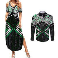 Green Aotearoa Tukutuku Manawa Tapu Couples Matching Summer Maxi Dress and Long Sleeve Button Shirt Ta Moko Toi Maori LT9 Green - Polynesian Pride