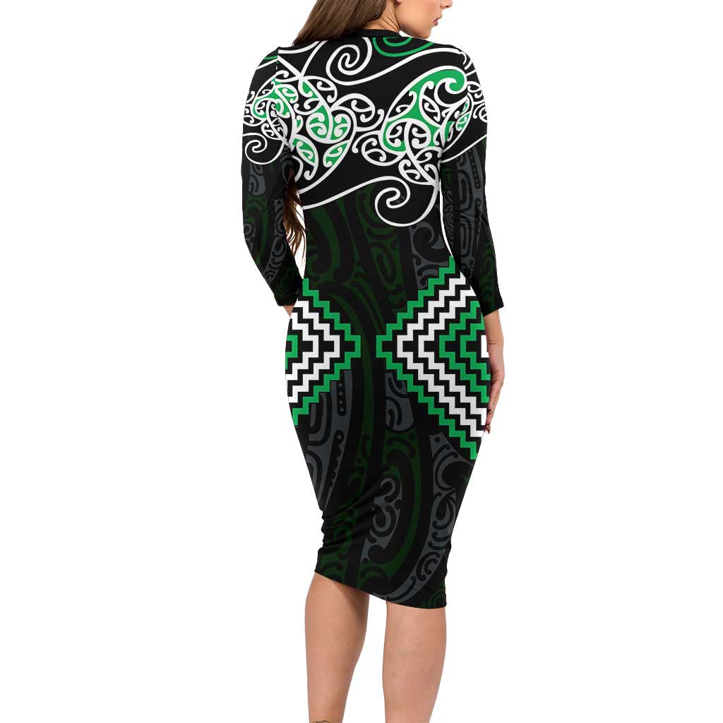 Green Aotearoa Tukutuku Manawa Tapu Family Matching Long Sleeve Bodycon Dress and Hawaiian Shirt Ta Moko Toi Maori LT9 - Polynesian Pride