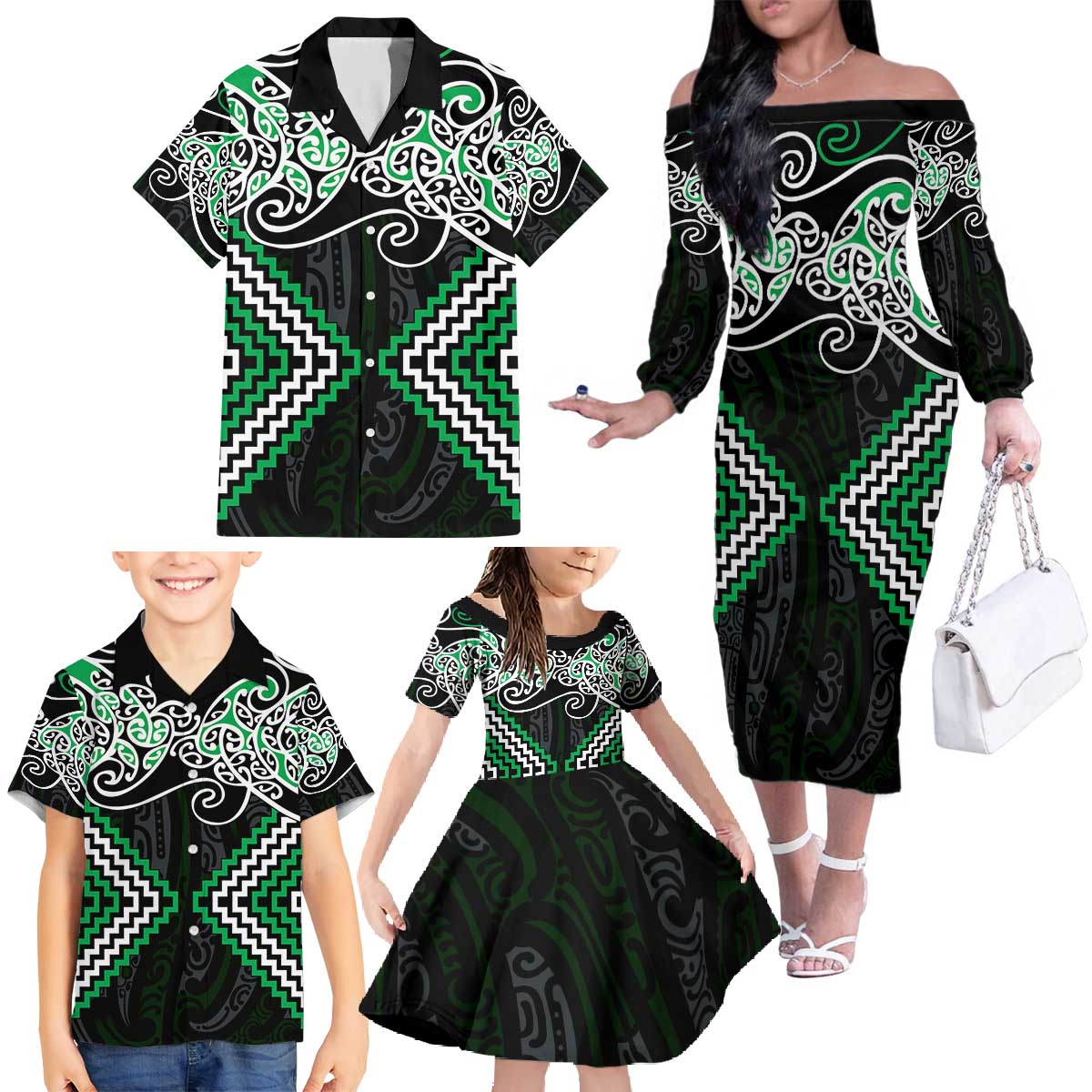 Green Aotearoa Tukutuku Manawa Tapu Family Matching Off The Shoulder Long Sleeve Dress and Hawaiian Shirt Ta Moko Toi Maori LT9 - Polynesian Pride