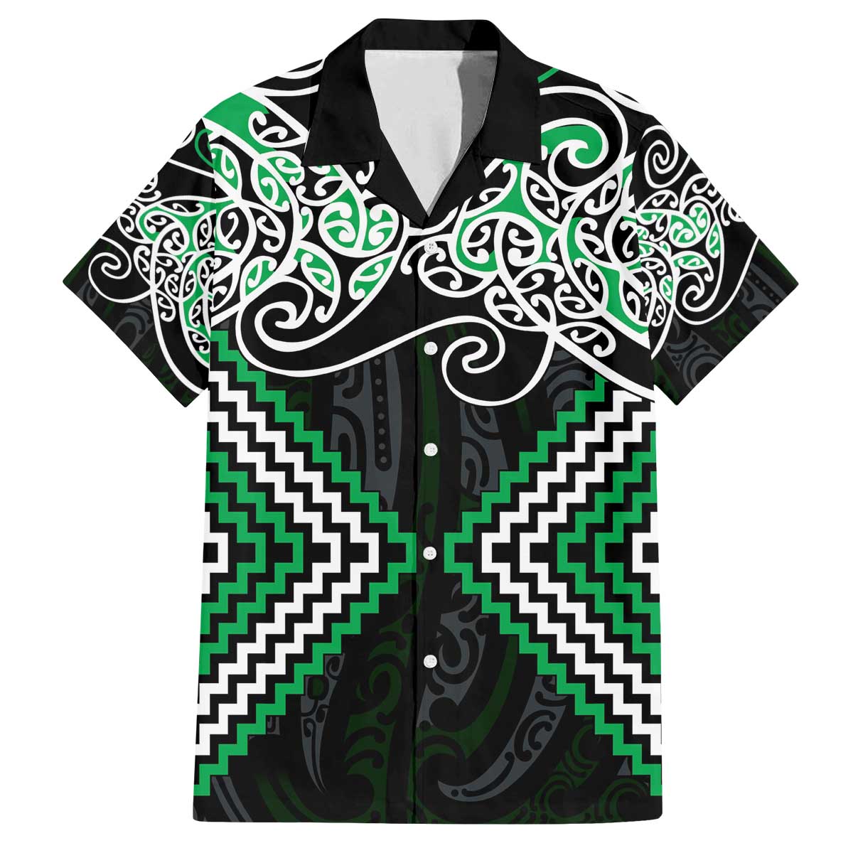 Green Aotearoa Tukutuku Manawa Tapu Family Matching Off The Shoulder Long Sleeve Dress and Hawaiian Shirt Ta Moko Toi Maori LT9 Dad's Shirt - Short Sleeve Green - Polynesian Pride