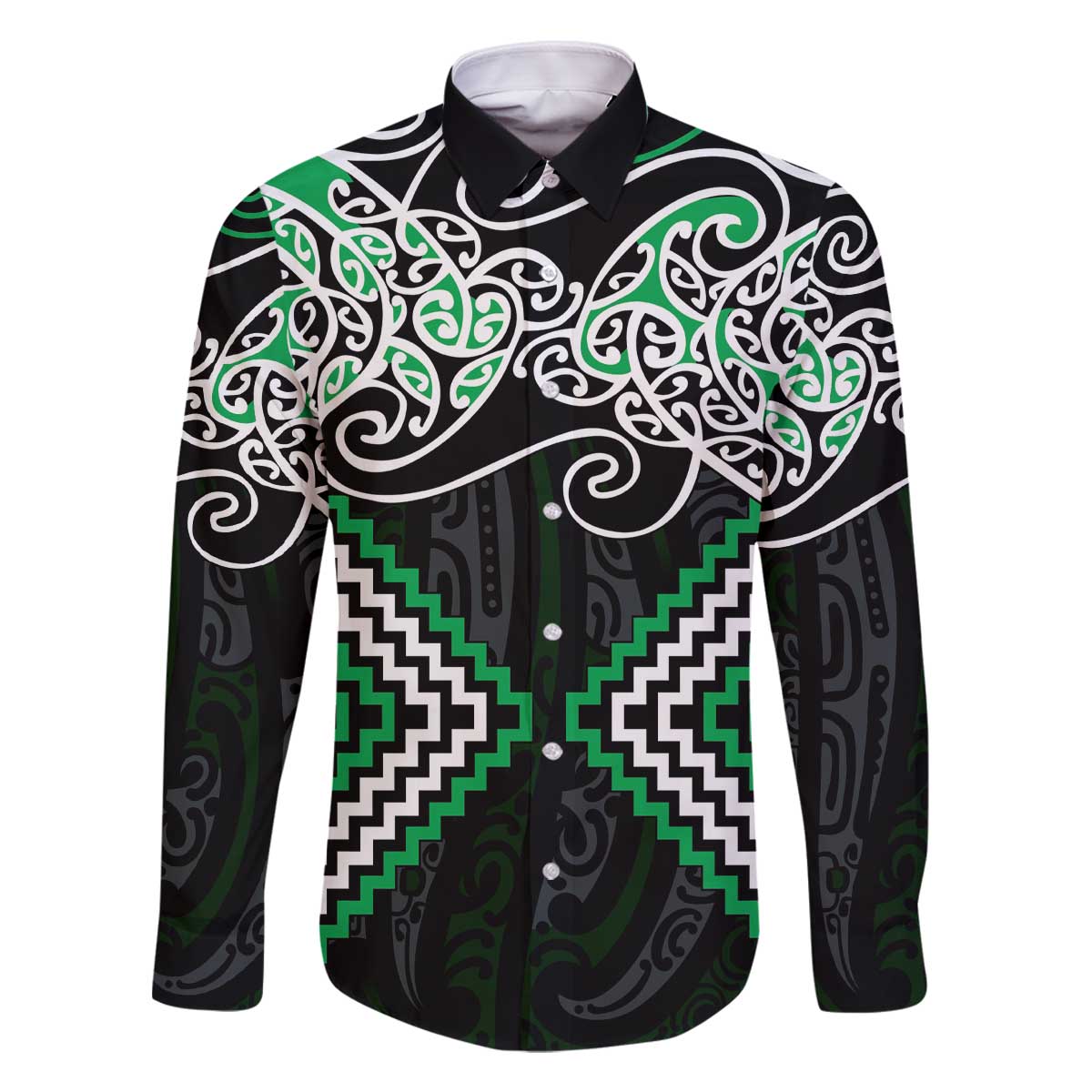 Green Aotearoa Tukutuku Manawa Tapu Family Matching Off The Shoulder Long Sleeve Dress and Hawaiian Shirt Ta Moko Toi Maori LT9 Dad's Shirt - Long Sleeve Green - Polynesian Pride