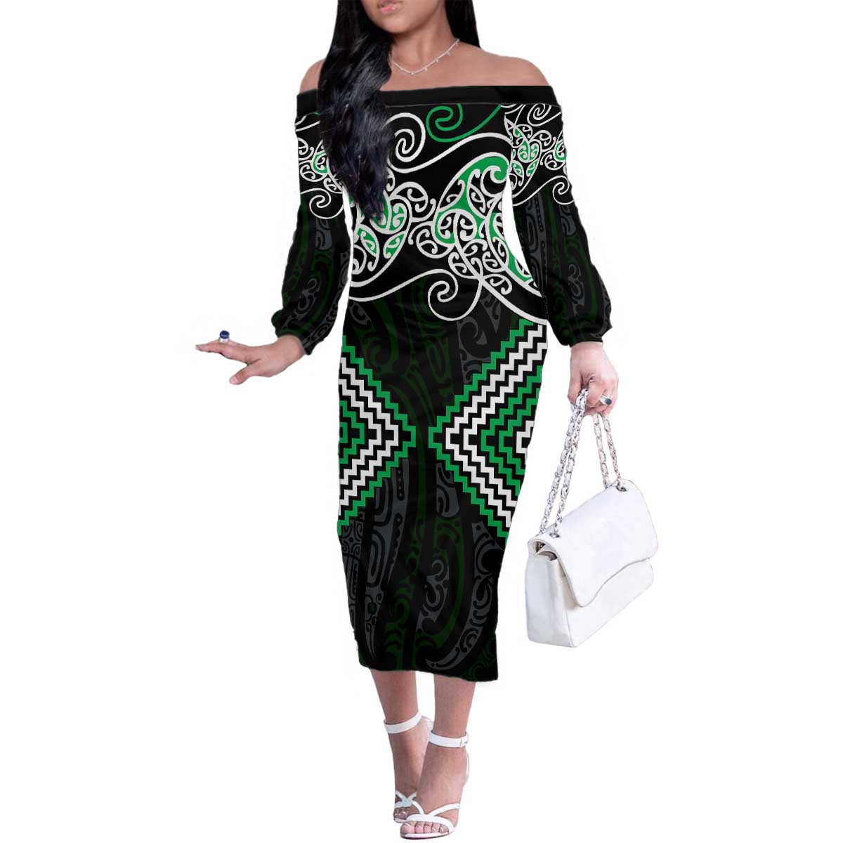Green Aotearoa Tukutuku Manawa Tapu Family Matching Off The Shoulder Long Sleeve Dress and Hawaiian Shirt Ta Moko Toi Maori LT9 Mom's Dress Green - Polynesian Pride