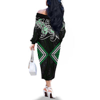 Green Aotearoa Tukutuku Manawa Tapu Family Matching Off The Shoulder Long Sleeve Dress and Hawaiian Shirt Ta Moko Toi Maori LT9 - Polynesian Pride