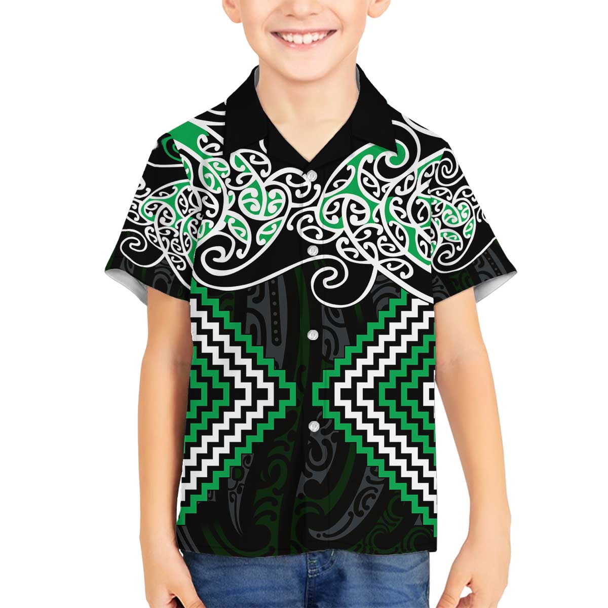 Green Aotearoa Tukutuku Manawa Tapu Family Matching Off The Shoulder Long Sleeve Dress and Hawaiian Shirt Ta Moko Toi Maori LT9 Son's Shirt Green - Polynesian Pride