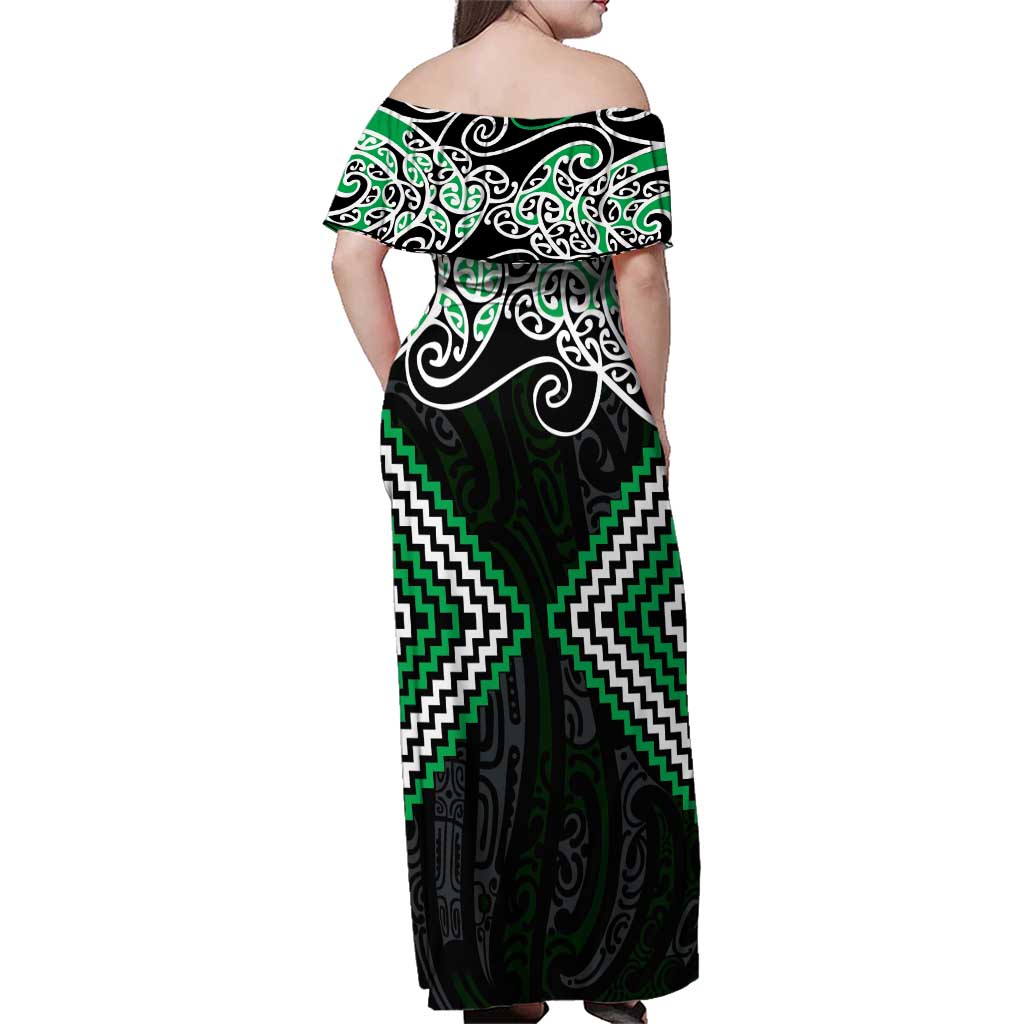 Green Aotearoa Tukutuku Manawa Tapu Family Matching Off Shoulder Maxi Dress and Hawaiian Shirt Ta Moko Toi Maori LT9 - Polynesian Pride