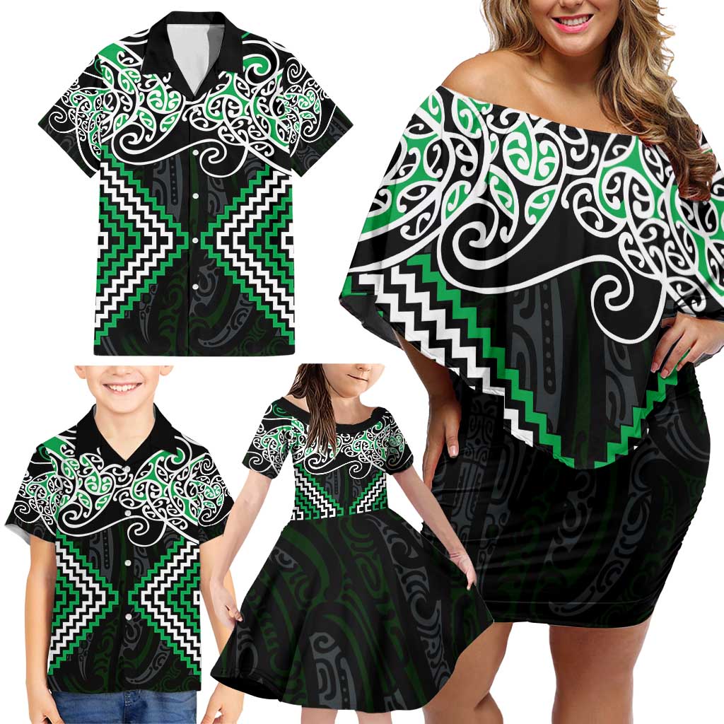 Green Aotearoa Tukutuku Manawa Tapu Family Matching Off Shoulder Short Dress and Hawaiian Shirt Ta Moko Toi Maori LT9 - Polynesian Pride