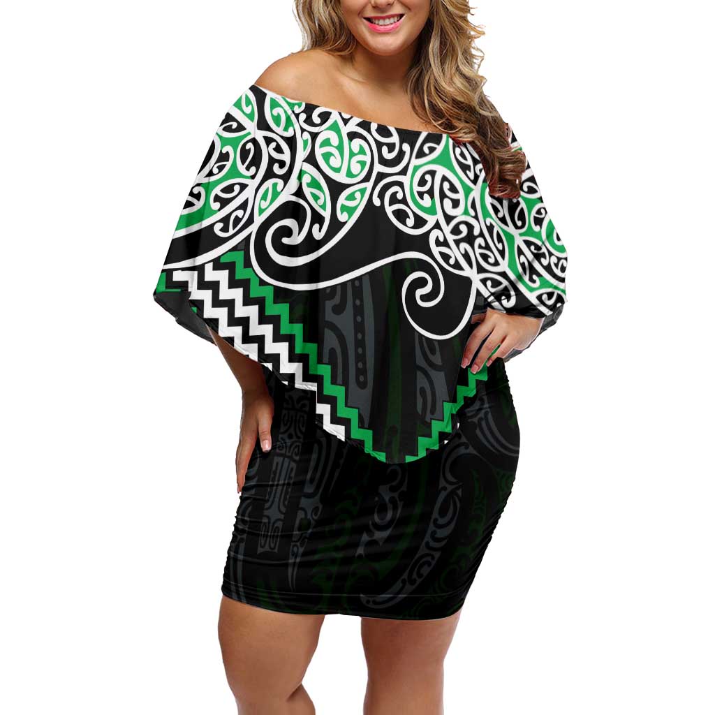 Green Aotearoa Tukutuku Manawa Tapu Family Matching Off Shoulder Short Dress and Hawaiian Shirt Ta Moko Toi Maori LT9 Mom's Dress Green - Polynesian Pride