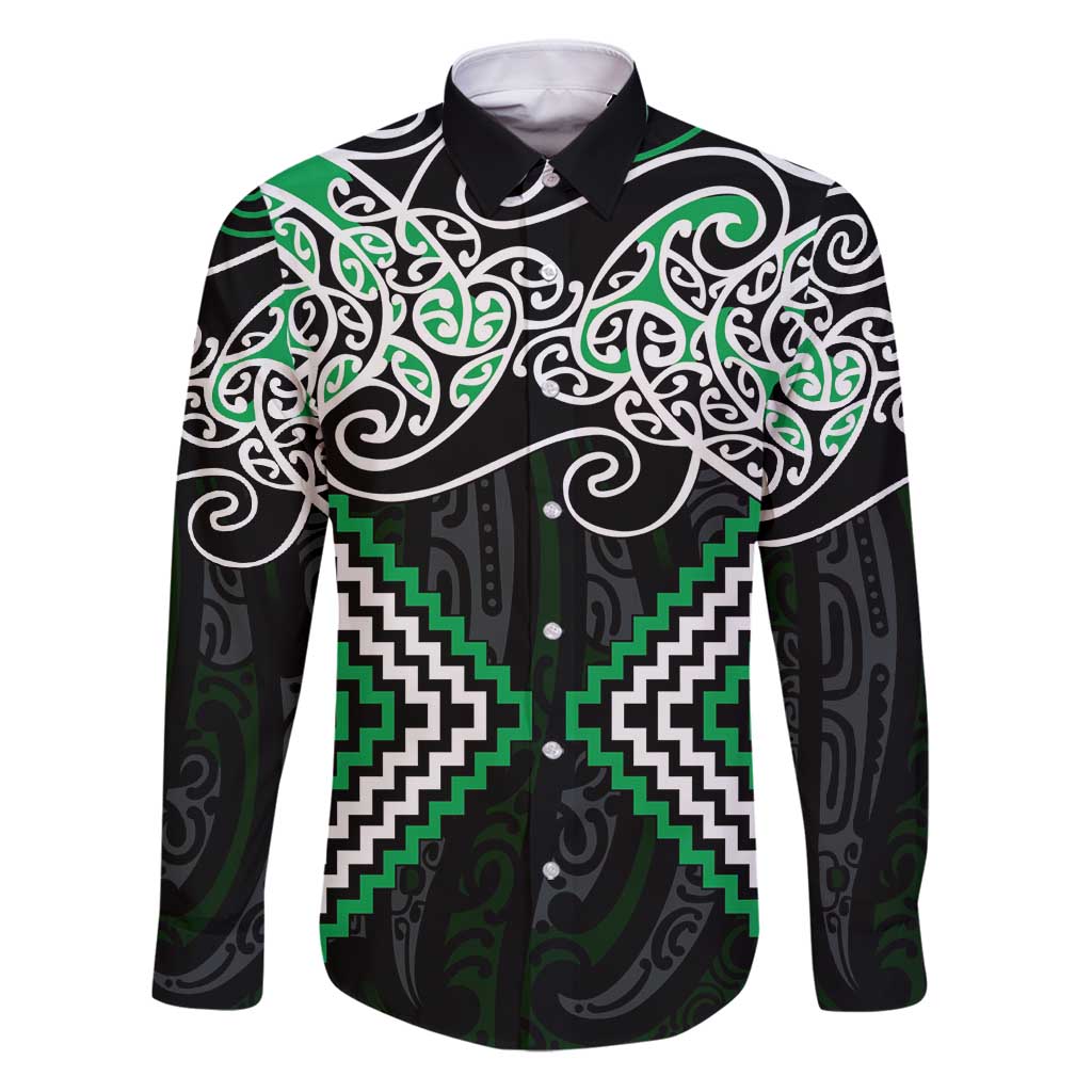 Green Aotearoa Tukutuku Manawa Tapu Family Matching Puletasi and Hawaiian Shirt Ta Moko Toi Maori LT9 Dad's Shirt - Long Sleeve Green - Polynesian Pride
